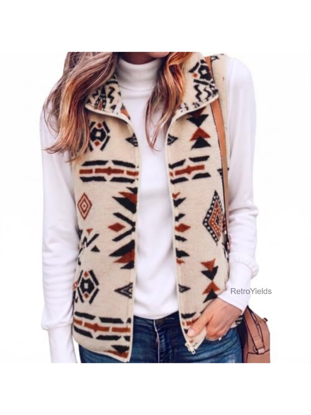 Womens Aztec Print Fleece Vest Sleeveless Zip Up Western Jacket